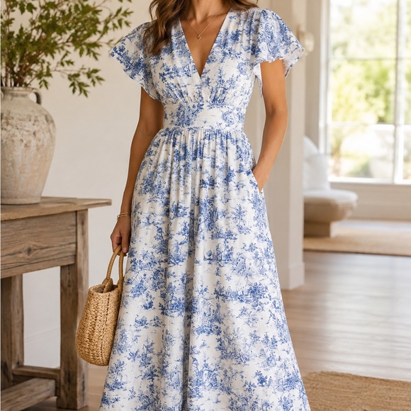 Dresses & Skirts - Blue and White Floral V-Neck Midi Dress